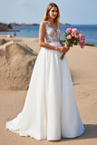 Robe de mariée blanche à col en V une ligne Boho Sweep Train avec appliques