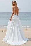 Mousseline de soie blanche Une ligne Boho Sweep Train Robe de mariée avec dentelle
