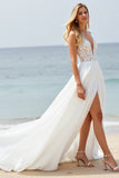 Mousseline de soie blanche Une ligne Boho Sweep Train Robe de mariée avec dentelle