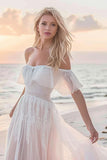 Blanc Une Ligne Tulle Boho Balayage Train Robe de Mariée avec Dentelle