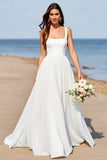 Mousseline de soie blanche Une ligne Col carré Boho Sweep Train Robe de mariée