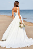 Mousseline de soie blanche Une ligne Col carré Boho Sweep Train Robe de mariée