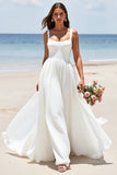 Mousseline de soie blanche Une ligne Col carré Boho Sweep Train Robe de mariée