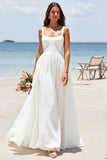 Mousseline de soie blanche Une ligne Col carré Boho Sweep Train Robe de mariée