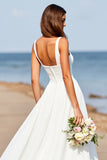 Mousseline de soie blanche Une ligne Col carré Boho Sweep Train Robe de mariée