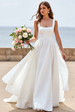 Mousseline de soie blanc Une ligne Col carré Boho Robe de mariée