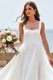 Mousseline de soie blanc Une ligne Col carré Boho Robe de mariée