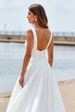 Mousseline de soie blanc Une ligne Col carré Boho Robe de mariée