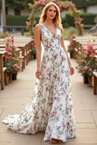 Robe de mariée florale à col en V blanc A Line Sweep Train
