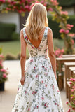 Robe de mariée florale à col en V blanc A Line Sweep Train