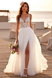 Robe de mariée blanche à col en V une ligne Boho Sweep Train avec dentelle