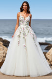 Tulle blanc une ligne Maxi Boho Sweep Train robe de mariée avec appliques