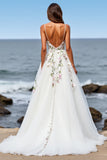 Tulle blanc une ligne Maxi Boho Sweep Train robe de mariée avec appliques