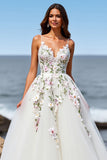 Tulle blanc une ligne Maxi Boho Sweep Train robe de mariée avec appliques