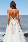 Tulle blanc une ligne Maxi Boho Sweep Train robe de mariée avec appliques