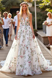Robe de mariée A Line White Sweep Train avec broderie