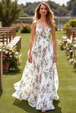 Robe de mariée trapèze à col en V blanc avec des fleurs