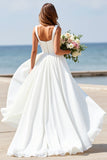 Col carré blanc Une ligne sans manches Boho Maxi Robe de mariée