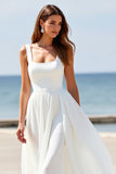 Col carré blanc Une ligne sans manches Boho Maxi Robe de mariée