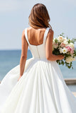 Col carré blanc Une ligne sans manches Boho Maxi Robe de mariée