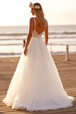 Boho Tulle Blanc Une Ligne Balayage Train Robe de Mariée avec Dentelle