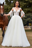 Blanc Une Ligne Tulle Boho Balayage Train Robe de Mariée avec Dentelle