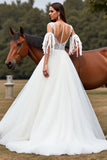 Blanc Une Ligne Tulle Boho Balayage Train Robe de Mariée avec Dentelle