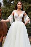 Blanc Une Ligne Tulle Boho Balayage Train Robe de Mariée avec Dentelle