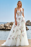 Robe de mariée en tulle blanc une ligne Boho Sweep Train avec appliques