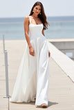 Robe de mariée à col carré blanc une ligne Boho Sweep Train