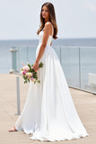 Robe de mariée à col carré blanc une ligne Boho Sweep Train