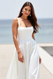 Robe de mariée à col carré blanc une ligne Boho Sweep Train