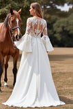 Blanc A Ligne Flare Manches Boho Sweep Train Robe de mariée avec appliques