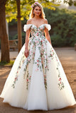 Robe de mariée florale en tulle blanc à épaules dénudées