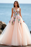 Une ligne blush spaghetti bretelles Tulle Boho balayage traîne Boho robe de mariée avec appliques