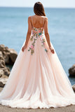 Une ligne blush spaghetti bretelles Tulle Boho balayage traîne Boho robe de mariée avec appliques