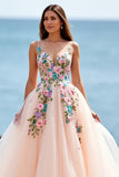 Une ligne blush spaghetti bretelles Tulle Boho balayage traîne Boho robe de mariée avec appliques