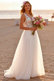 Blanc Col V Sans Manches Une Ligne Boho Balayage Train Robe de Mariée avec Dentelle