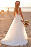 Blanc Col V Sans Manches Une Ligne Boho Balayage Train Robe de Mariée avec Dentelle