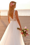 Blanc Col V Sans Manches Une Ligne Boho Balayage Train Robe de Mariée avec Dentelle