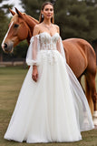 Blanc dénudé lanterne manches boho balayage traîne robe de mariée avec dentelle
