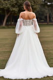 Blanc dénudé lanterne manches boho balayage traîne robe de mariée avec dentelle