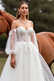 Blanc dénudé lanterne manches boho balayage traîne robe de mariée avec dentelle