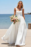 Blanc Une Ligne Col Carré Sans Manches Boho Sweep Train Robe de mariée