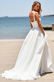 Blanc Une Ligne Col Carré Sans Manches Boho Sweep Train Robe de mariée