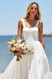 Blanc Une Ligne Col Carré Sans Manches Boho Sweep Train Robe de mariée