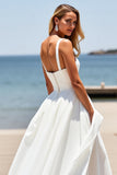 Blanc Une Ligne Col Carré Sans Manches Boho Sweep Train Robe de mariée