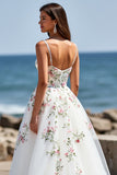 Tulle blanc col en V boho balayage floral traîne robe de mariée