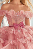 Blush Robe de balle en tulle à épaules dénudées avec nœud