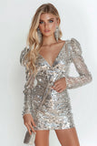 Robe moulante à manches longues en argent avec paillettes